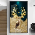 Плакат с золотым оленем деревом и птицей, холст, картина с золотой ночей, современная картина для гостиной, украшение для дома 4-48
