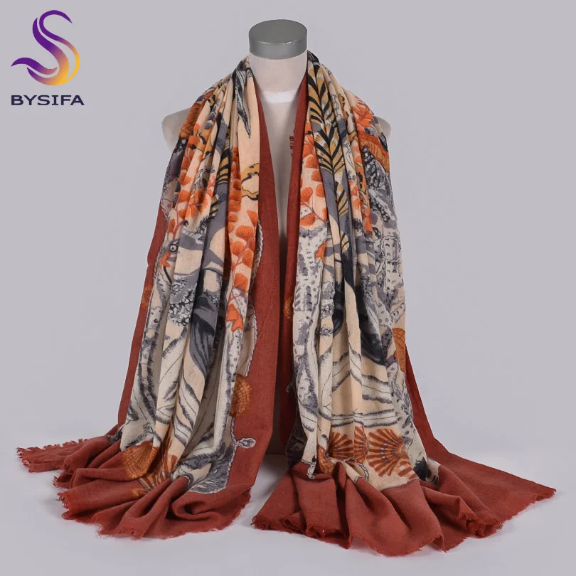 [BYSIFA] роскошный бренд, кофе, чистая шерсть, женские шарфы, пашмины, Осень-зима, хризантема, женский длинный шейный шарф, шаль 210*100 см - Цвет: light coffee