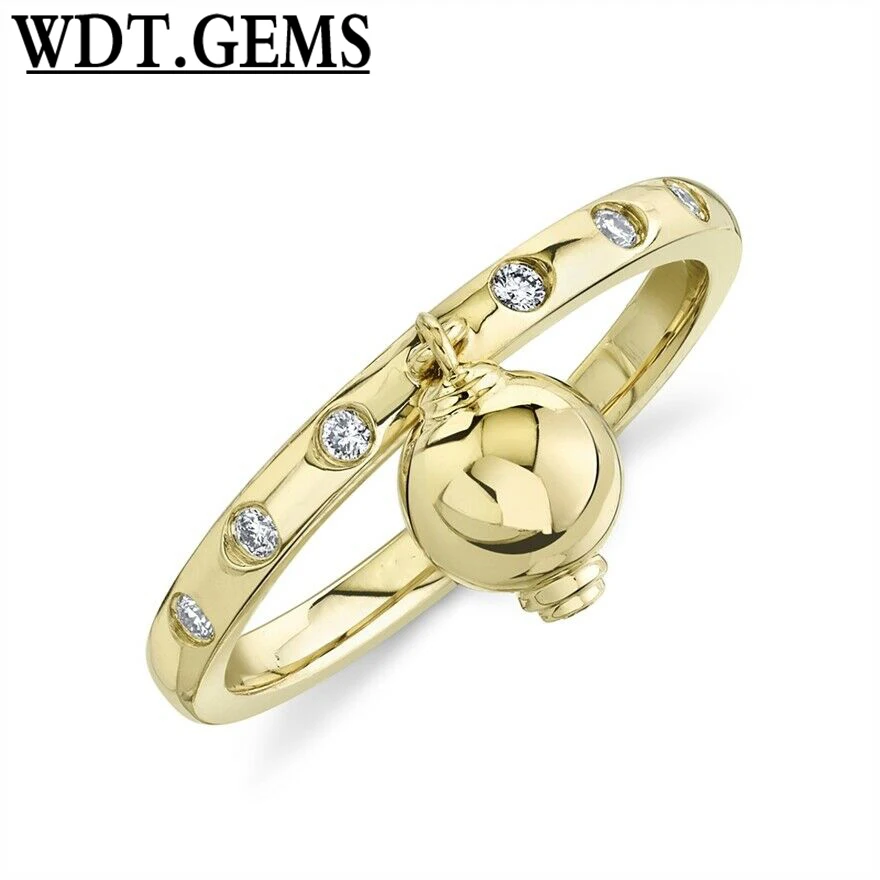 

10K Rose Gold Diamond Dangle Ball Ring Womens Statement Right Hand Cocktail