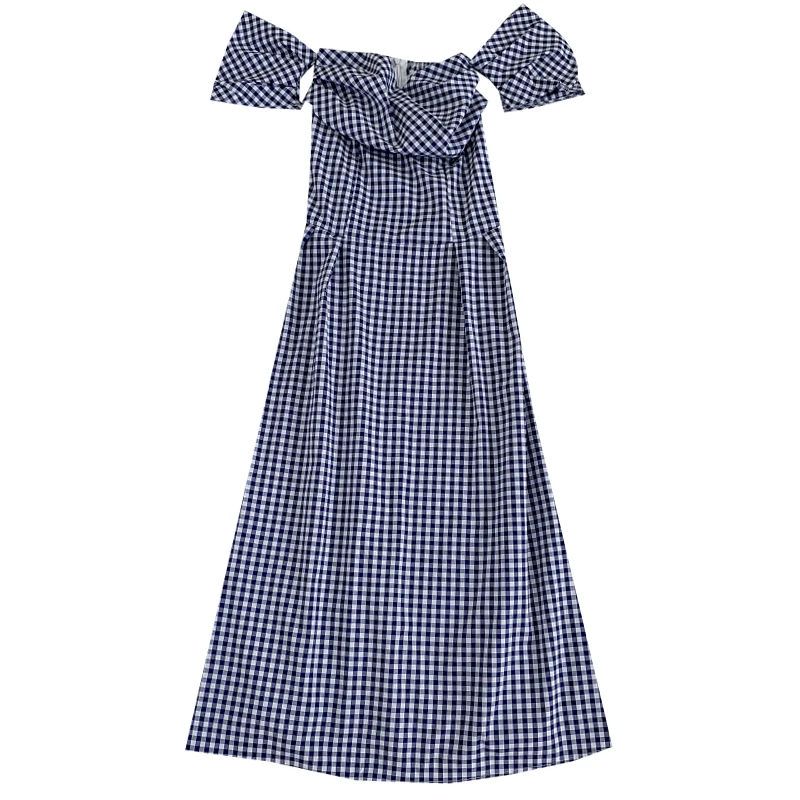 

Vintage slash neck short sleeve Dress high waist pleated waist plaid print mid-length A-line Dress 2021 New Summer Women