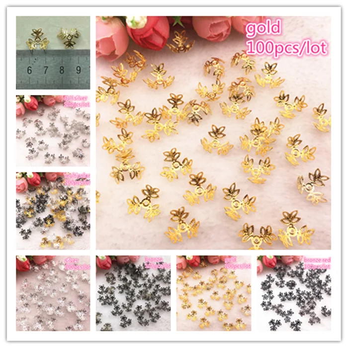 

100pcs/lot Silver Gold Plated Trefoil Hollow Flower Petal End Spacer Beads Caps Charms Bead For Jewelry Making Accessories