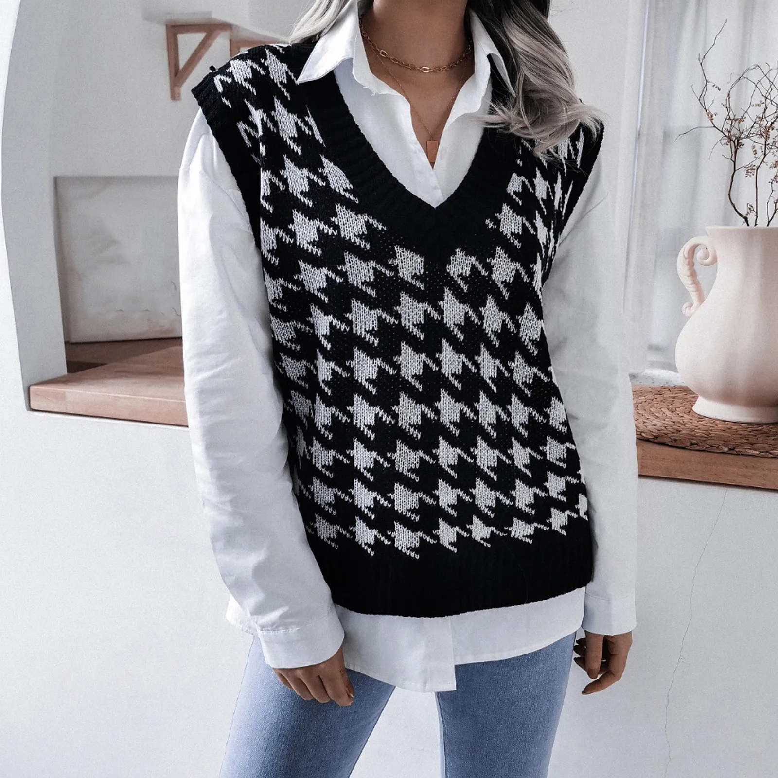 

Autumn Women Houndstooth Loose Knitted Vest Sweater Girls V Neck Sleeveless Thick Vintage Sweater Female Waistcoat Chic Tops