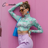 conmoto y2k floral backless green crop tops sweet women sexy sheath long sleeve blouses autumn winter basic turtleneck soft top