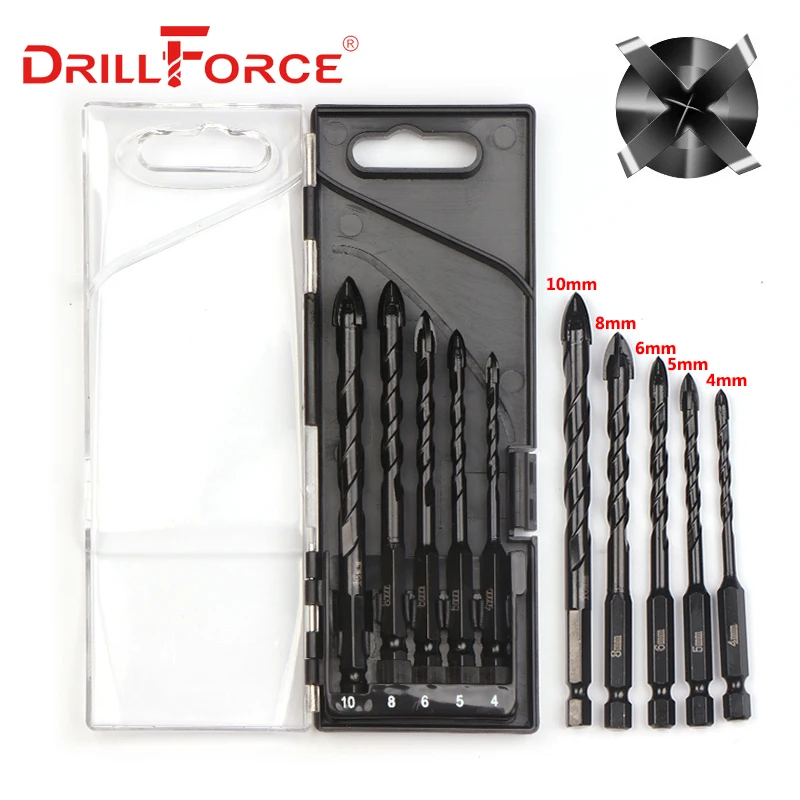 

Drillforce 5 шт. сверла для стекла, керамики, бетона, плитки, Открыватель отверстий, 4 лезвия, карбидный наконечник, спиральный крест, шестигранное сверло 4/5/6/8/10 мм