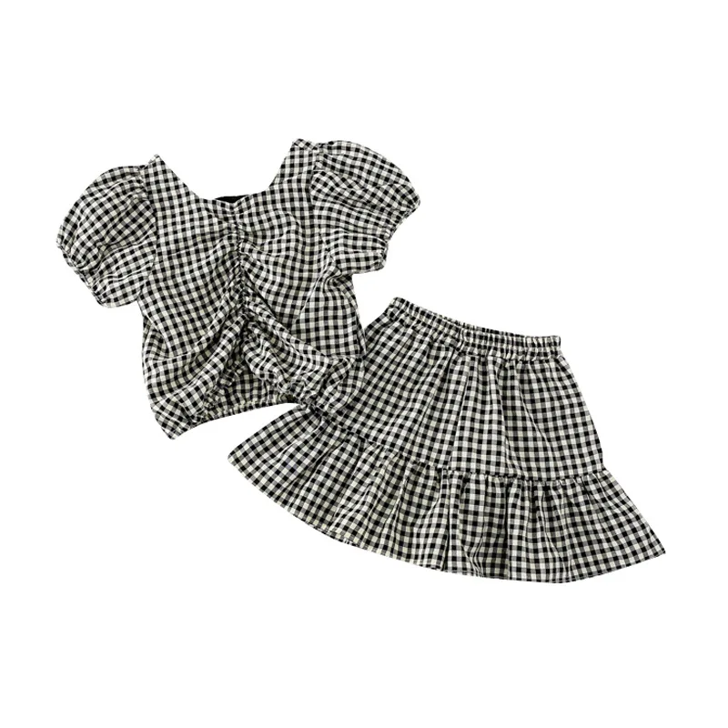 

Girls summer cotton plaid sets fashion pleated back bow top and skirt pants 2pcs suit children outfits