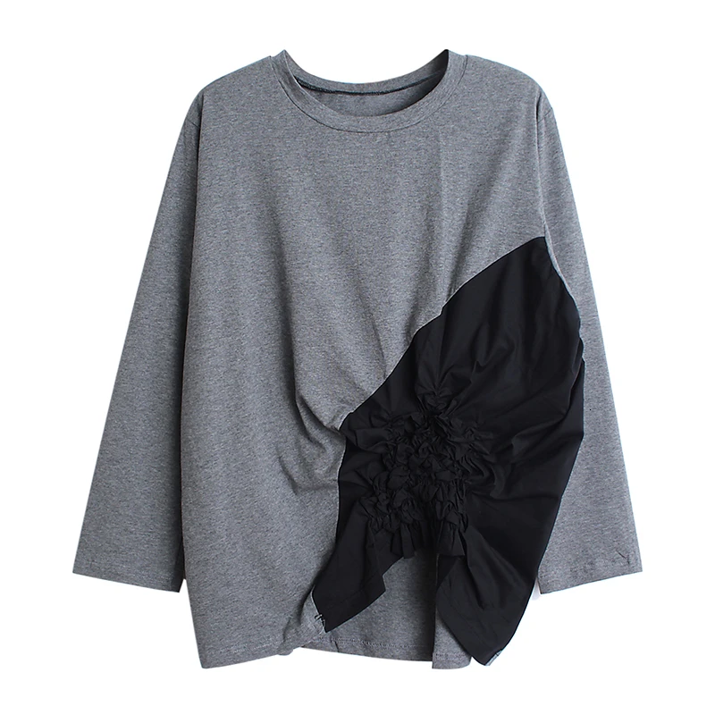 CHICEVER корейский стиль лоскутные женские рубашки с круглым вырезом и длинным