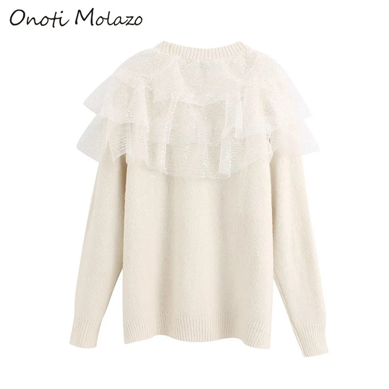 Onoti Molazo Casual Knitted Sweater Pullover Mesh Patchwork Winter Elegant Ladies Chic Pullovers Sweaters Female 2020 Spring New | Женская