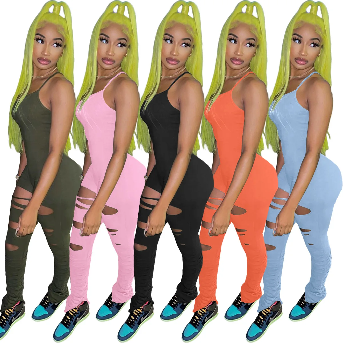 

ZH8551, оптовая продажа, весенний однотонный комбинезон без рукавов, облегающий Новый комбинезон с оборками, Комбинезоны