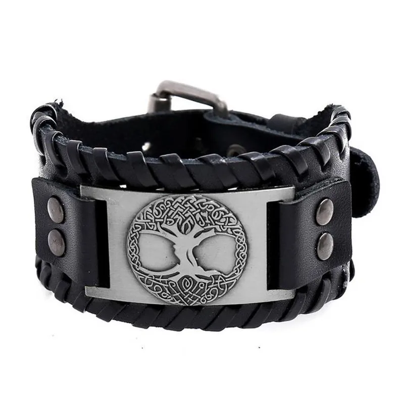 

Popular Accessories Viking Totem Lucky Tree Cattle Leather Bracelet Vintage Woven Punk Men's Wide Leather Bracelet