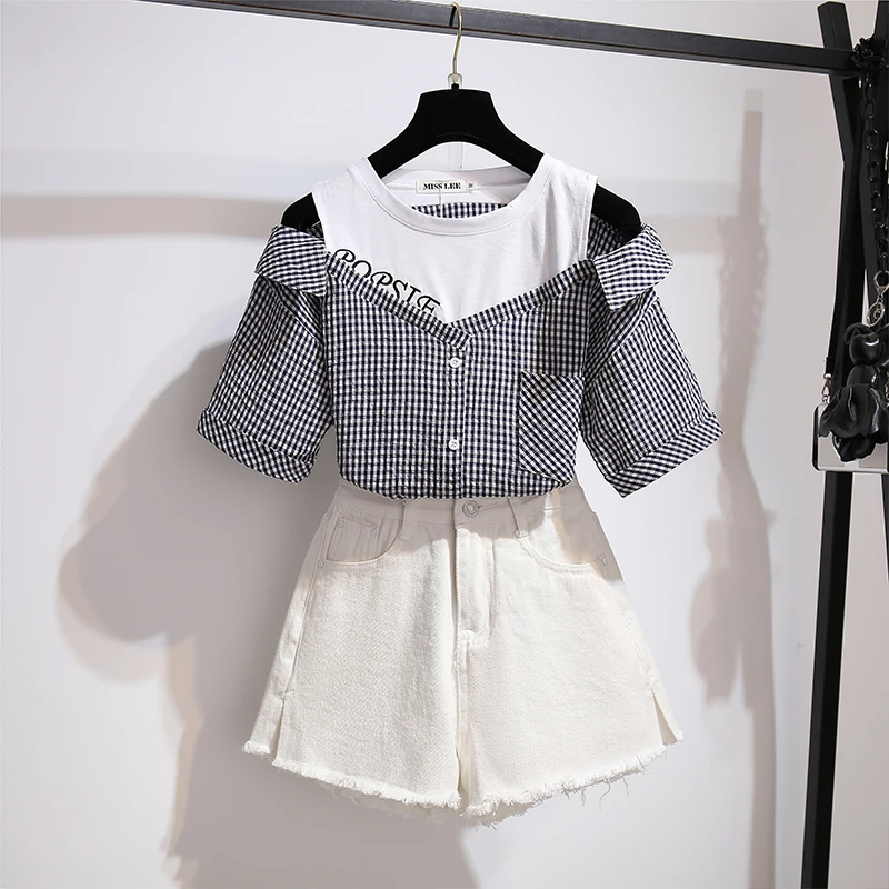 Женский летний комплект из 2 предметов Корейская рубашка в клетку с открытыми