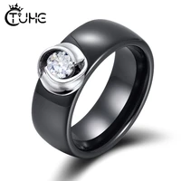 8mm black white ceramic rings plus cubic zirconia for women girl elegant 925 sterling silver women wedding ring fashion jewelry