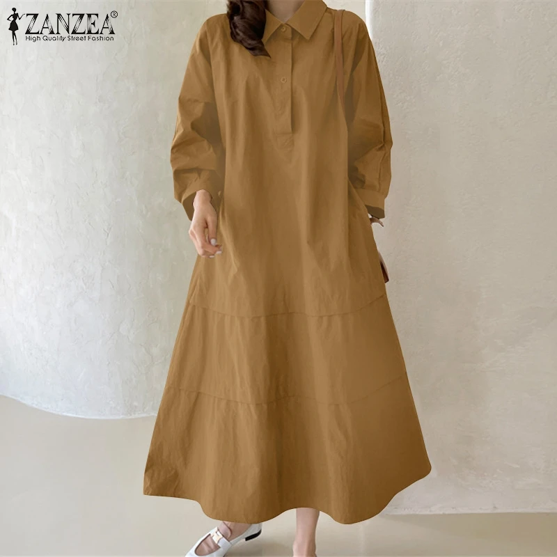 

ZANZEA Fashion Lapel Neck Long Sleeve Sundress Oversized Women Autumn Solid A-line Vestidos Elegant Casual Long Shirt Dress Robe