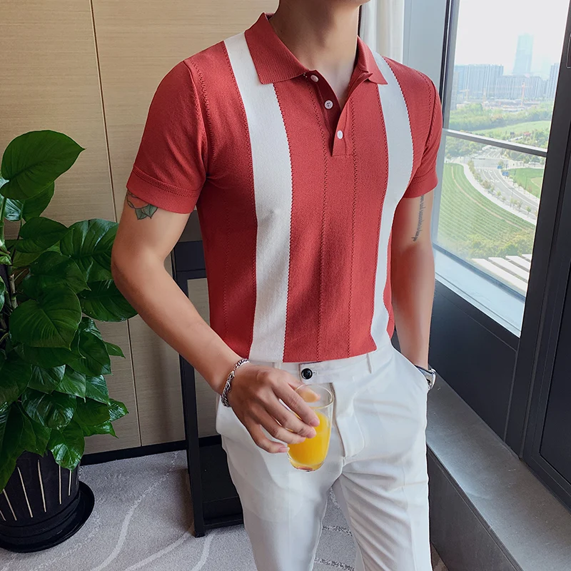 Masculino de Alta Verão Camisa Polo Lapela Qualidade Manga Curta Contraste Cor Britânico Fino Ajuste Masculino Roupas Casuais 2022