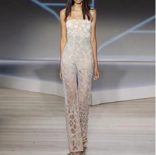 

Summer WomenJumpsuits Sexy Slim Silver Lace Strapless Mesh Sexy Fashion Sleeveless Long Pants Romper