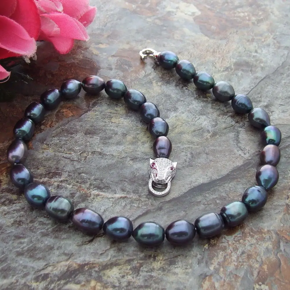 

elegant 9-10mm tahitian baroque black green pearl necklace 18inch