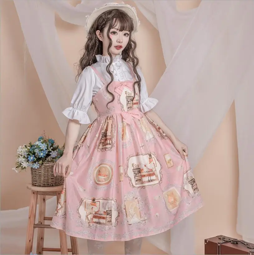 Японский женский Harajuku милое платье jsk платье на подтяжках милое платье с принтом Лолита свежее платье принцессы Kawaii Вечерние платья