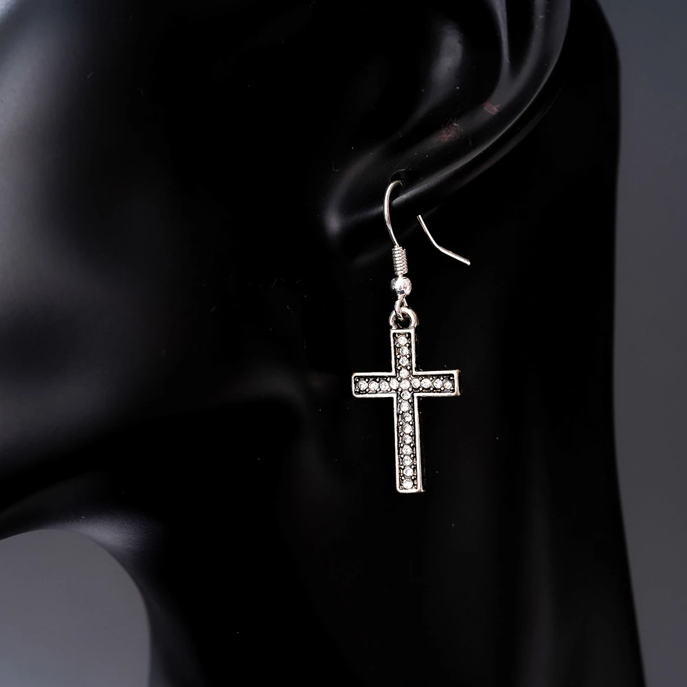 

Jaeeyin 2021 Fashion Fish Hook Cross Cubic Zircon Dangle Vintage Silver Color Rhinestone Earrings Gift For Women Unisex