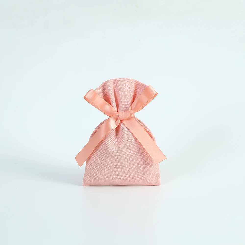 50pcs Pink Cotton Burlap Jewelry Bag Packing with Ribbon Organizer Wedding Christmas Party Candy Gift Bag Custom Logo Display