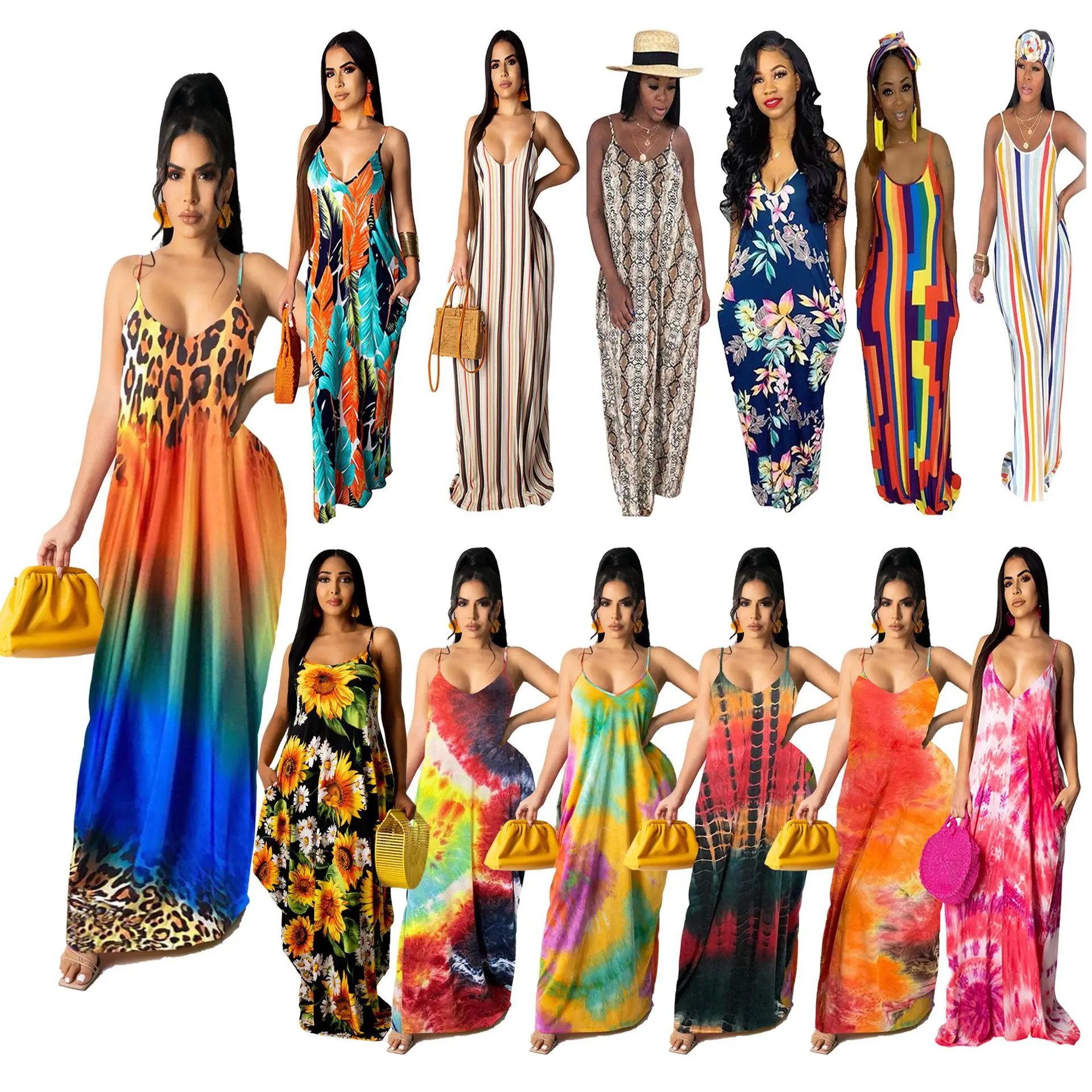 

MUDAN New Sling V-neck Casual Fashion Loose Printed Cotton Sling Skirt Holiday Dress Elegant Ladies Dress 2021