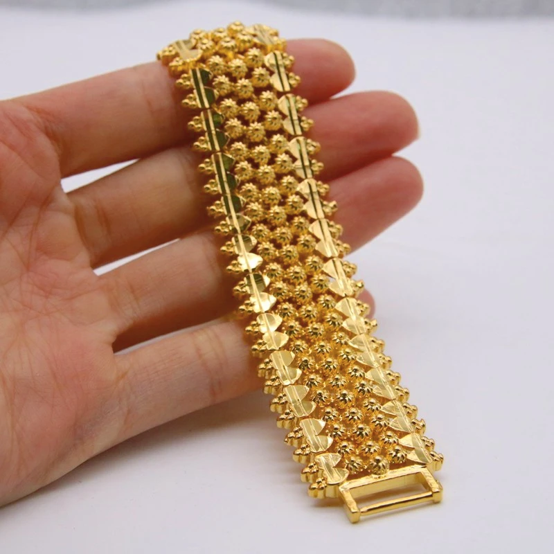 24MM Wide Flower Pattern Bracelet Dubai Gold Filled Middle East Arab/African/Ethiopian Thick Bangle 20cm