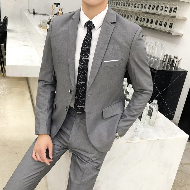 

(Jackets+Pants) 2021 Men two-piece business suits/Male slim fit cotton leisure Blazers/Man Fashion High-grade suit black grey
