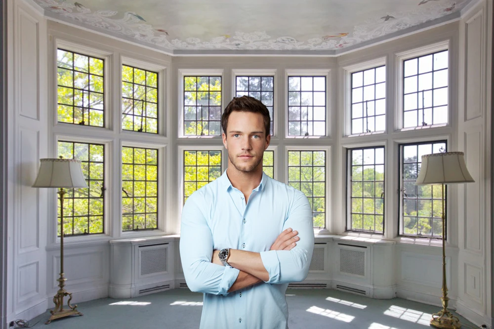 Весенний фон для фотосъемки с изображением Морского Пейзажа и окон офиса |