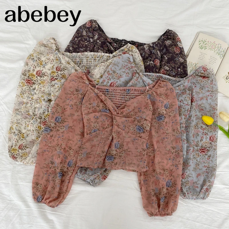 

2021 New Spring Summer Women Sweet All-match V-neck Blouse cross knot Floral Print Shirt slim Long Sleeve Chiffon Shirt Top