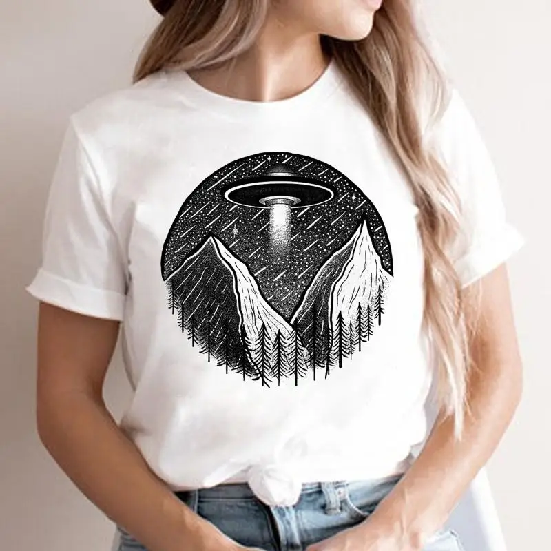 Футболка женская с принтом НЛО и горы модный топ коротким рукавом графическим в