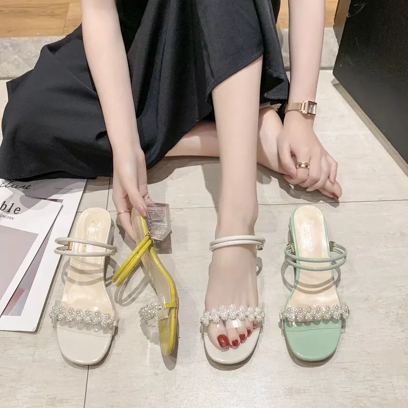 

Rhinestone Sandals Female Shoe 2021 Women's All-Match Med Block Heels Two Weare Girls New Beige Summer Medium Chunky Comfort Pea