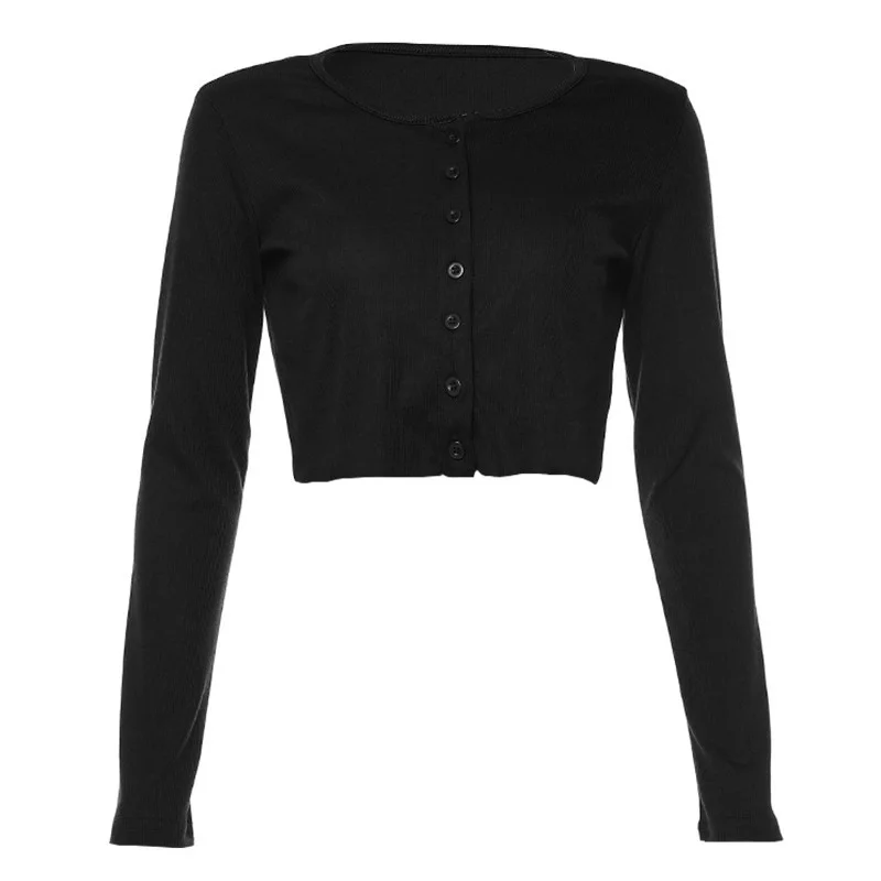 

Autumn Solid Color Retro Single-breasted Round Neck Thin Knit Short Cropped High Waist Short-sleeved Fashion Top T-shirt Casual