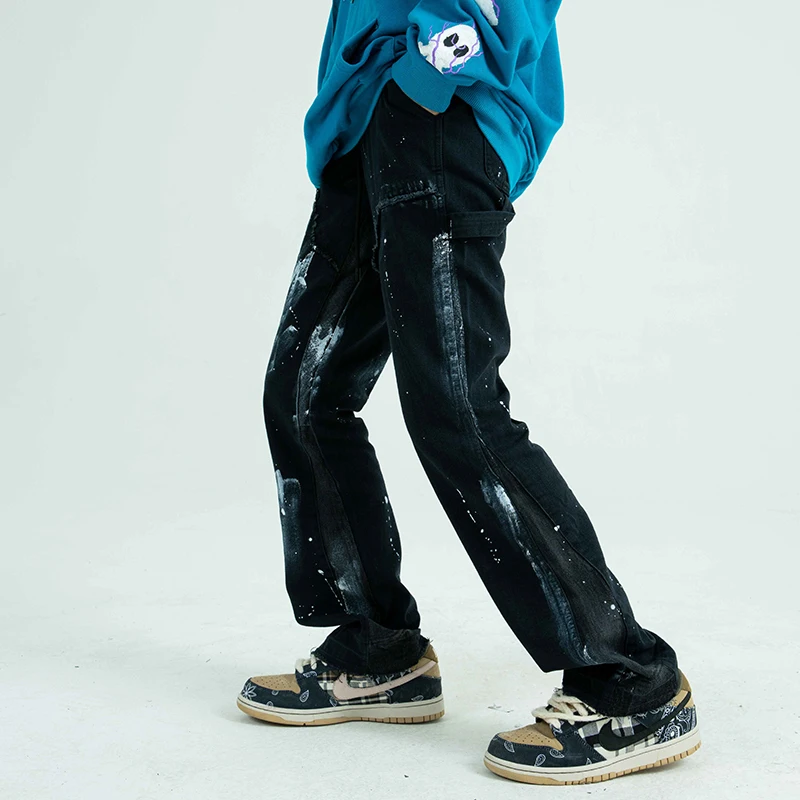 

High Street Retro Spotted Ink Contrast Color Flared Jeans Pants Male Wide Leg Plus Size Patchwork Ripped Denim Trousers