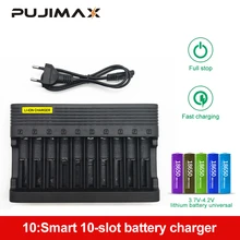 PUJIMAX 26650 10-slots battery charger 18650 EU Smart charging 14500 26500 22650 26700 Li-ion Rechargeable Battery charger