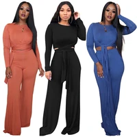 women casual two pieces sets soft long sleeve bandage tops pockets wide leg long pants solid 2 pieces set feminino suits
