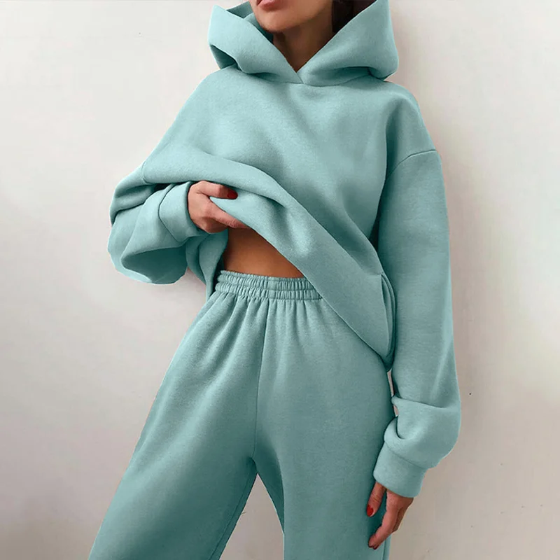 

2021 New Women Elegant Solid Suits Warm Hoodie Sweatshirts And Long Pant Fashion 2 Pieces Sets Oversized Sweatshirt Tracksuit
