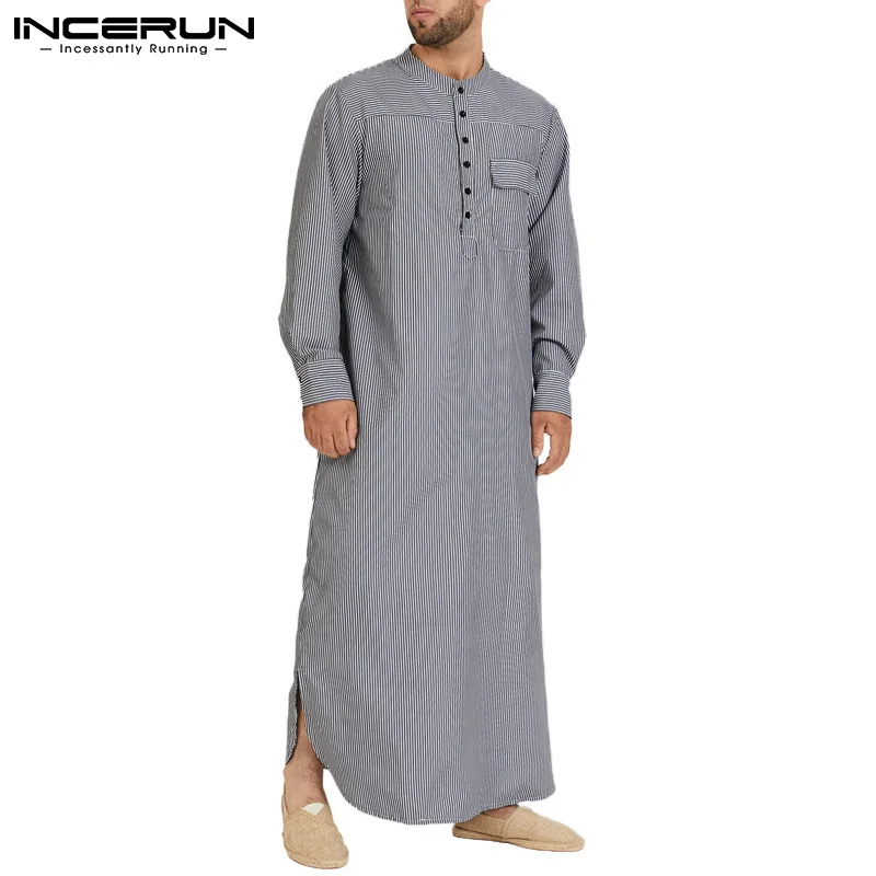 

INCERUN Striped Men Muslim Kaftan Arabia Islamic Jubba Thobe Stand Collar Long Sleeve Abaya Saudi Dubai Arabia Men Caftan 5XL 7