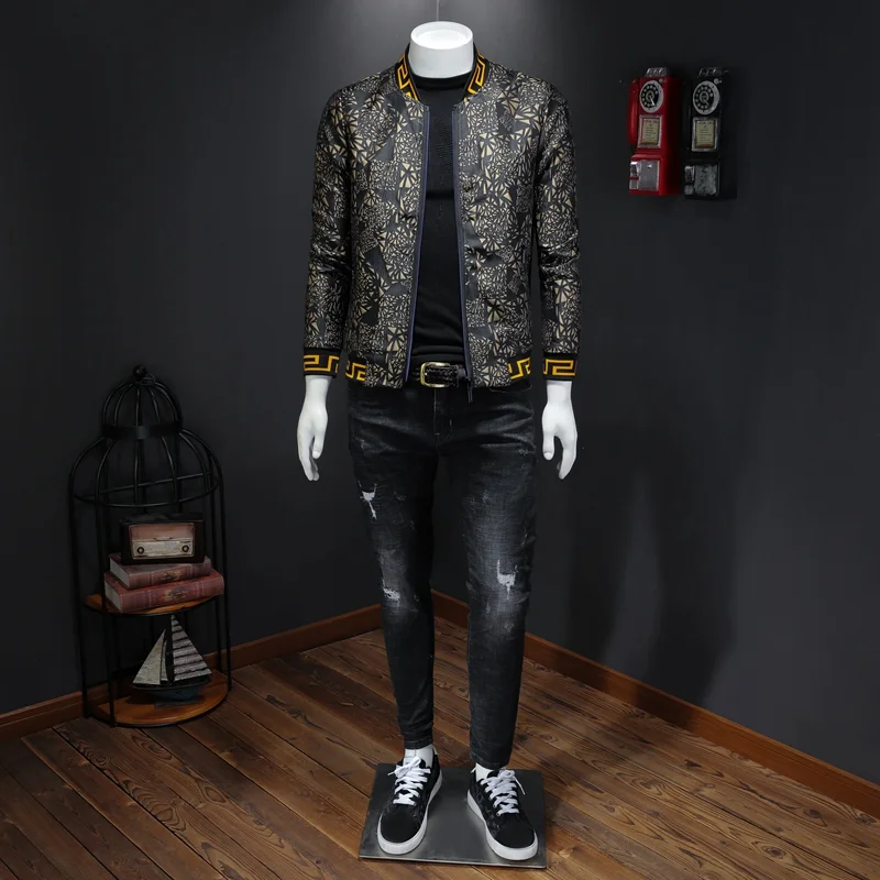 

New men 2020 jacket Golden print Pattern baseball jacket men zipper coat