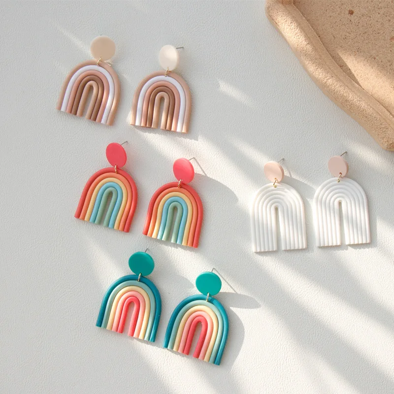 

POLYMER CLAY EARRINGS Autumn Handmade Boho Statement Arch Earrings Ceramic Clay Rainbow Jewellry for Women Geometric 6.8*3.5cm