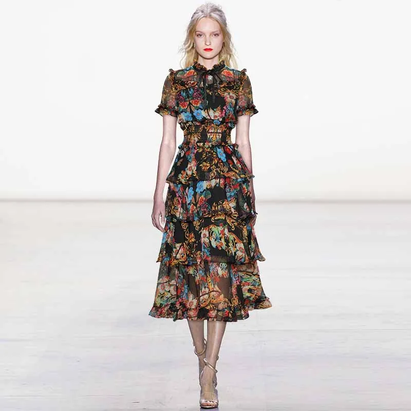 Кружевное шифоновое платье принцессы со стоячим воротником с короткими рукавами