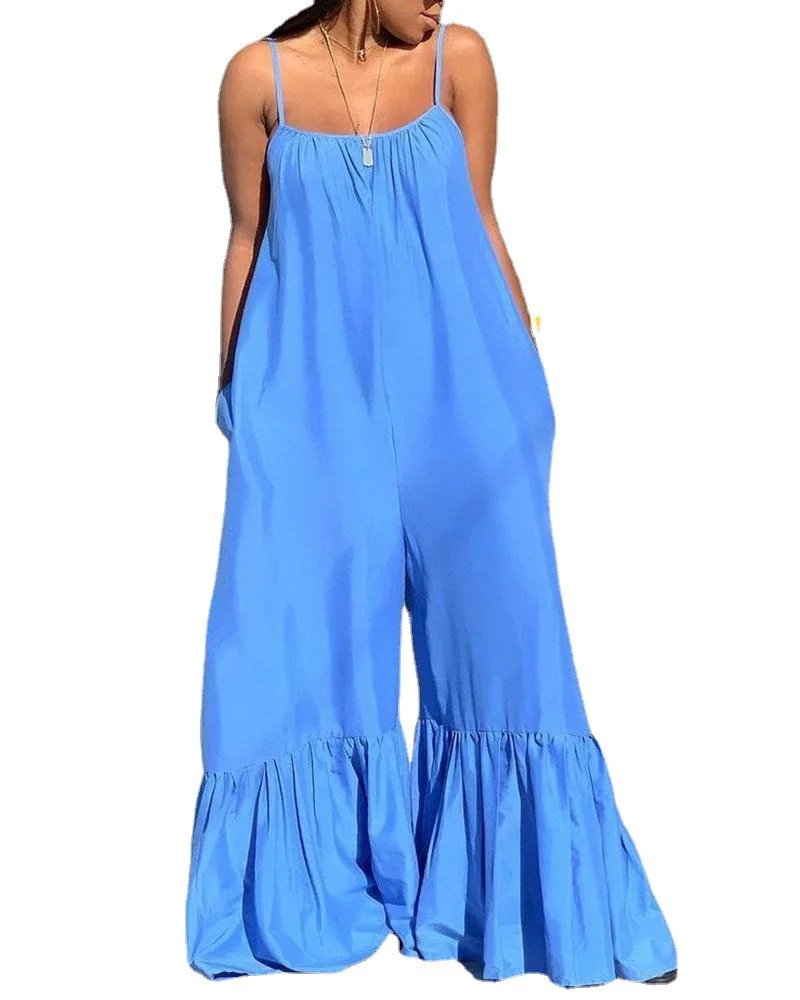 

Fashion Loose Women Jumpsuits Summer Wear Spaghetti Neck Sleeveless Ruffles Bottom Bell Long Pants Casual Rompers 2022