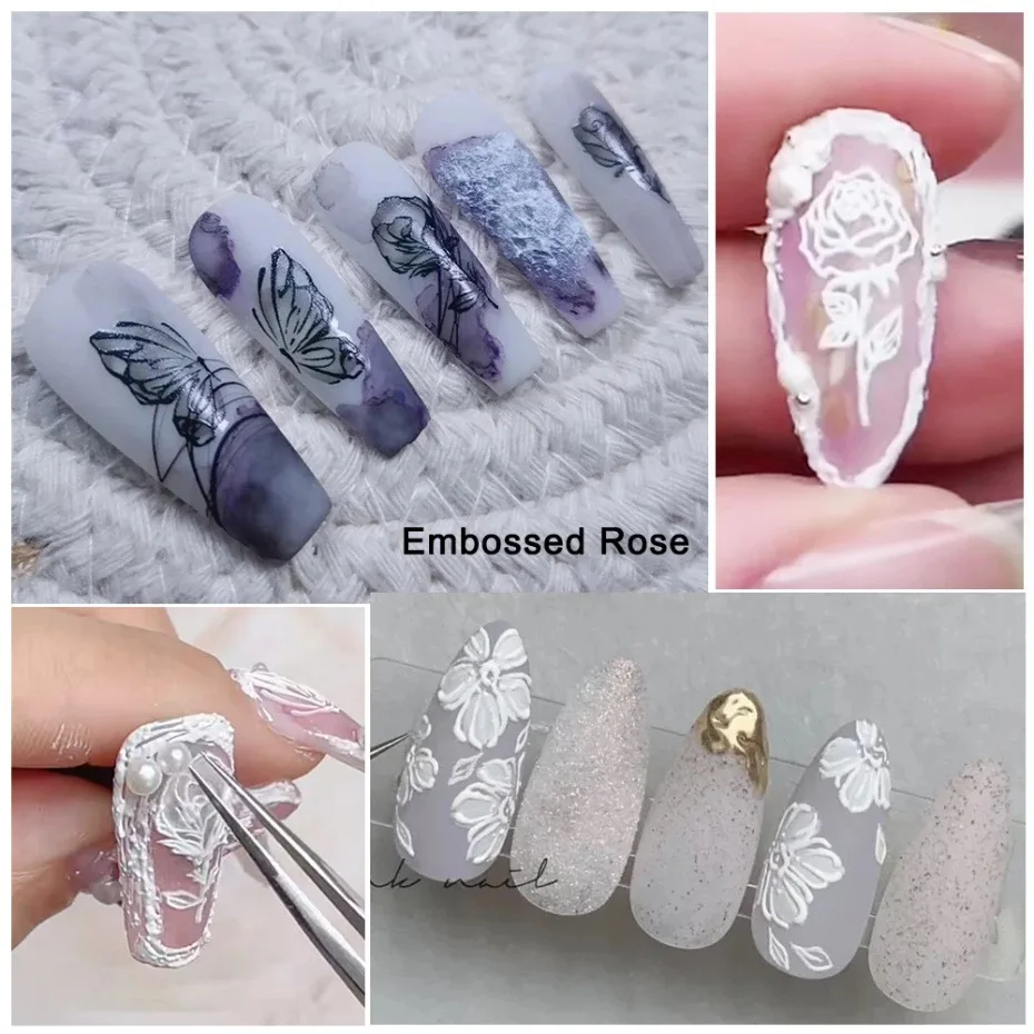 

Nail Stickers Embossed 5D Elegant Flowers butterflys Designs Back Glue Nail Decals Decoration Tips For Beauty Salons