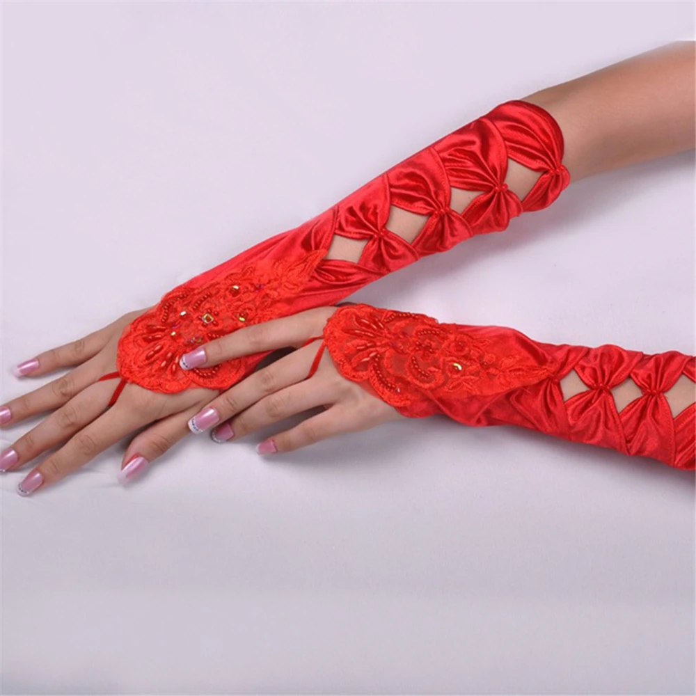 Gloves Fingerless Mittens Romantic For Wedding Bridal Pearl Lace Hollowed Tie Red temperament | Аксессуары для одежды