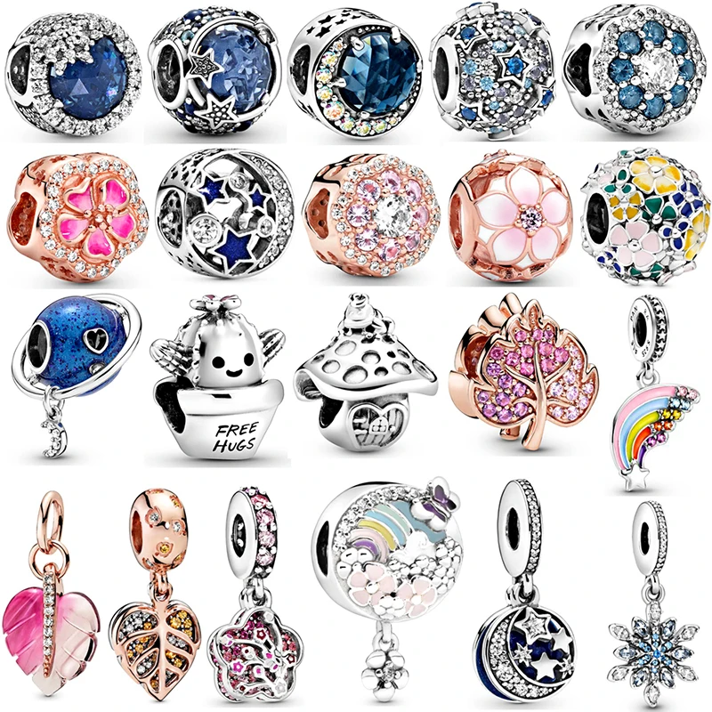 

925 sterling silver blue night sky rainbow men's bracelet beaded star natural pearl original brand pendant lady DIY bead jewelry