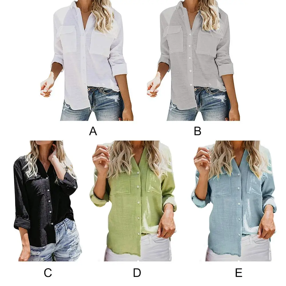 

Hot Fashion Vintage Cotton Linen Women Shirt Solid Color Long Sleeve Lapel Shirts Two Pockets Tops and Blouses High Quality