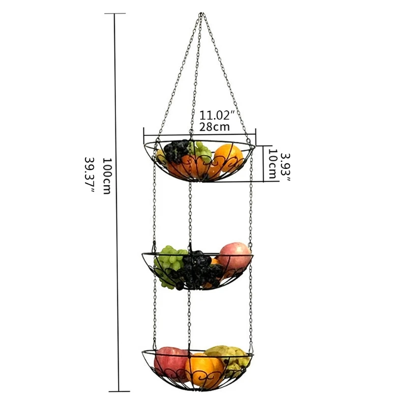

3-Tier Hanging Fruit Basket Heavy Duty Wire Vegetable Storage Bowl Ceiling Hanger Kitchen Decoration