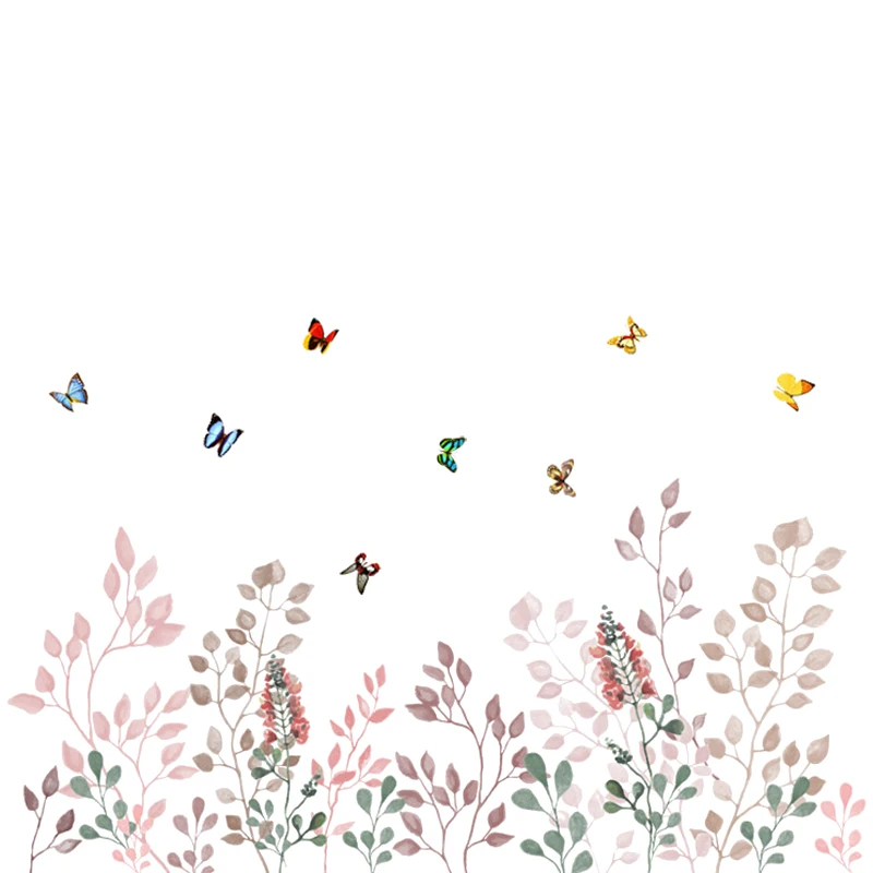

Colorful Plant Leaves Wall Stickers Flowers Butterflies Home Decoration Wall Poster Art Skirting Line Wall Mural Decals