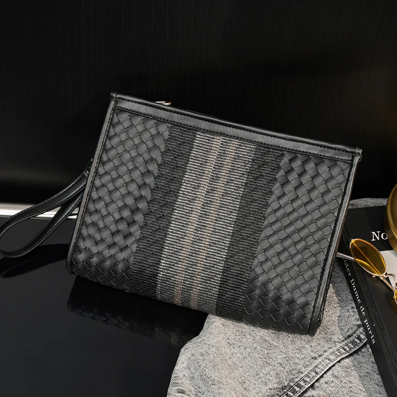 

Fashion Woven Striped Clutch Men Hand Bag Business Men's Clutches Bag Envelope Bag For Ipad Large-capacity Handbags Clutch Purse