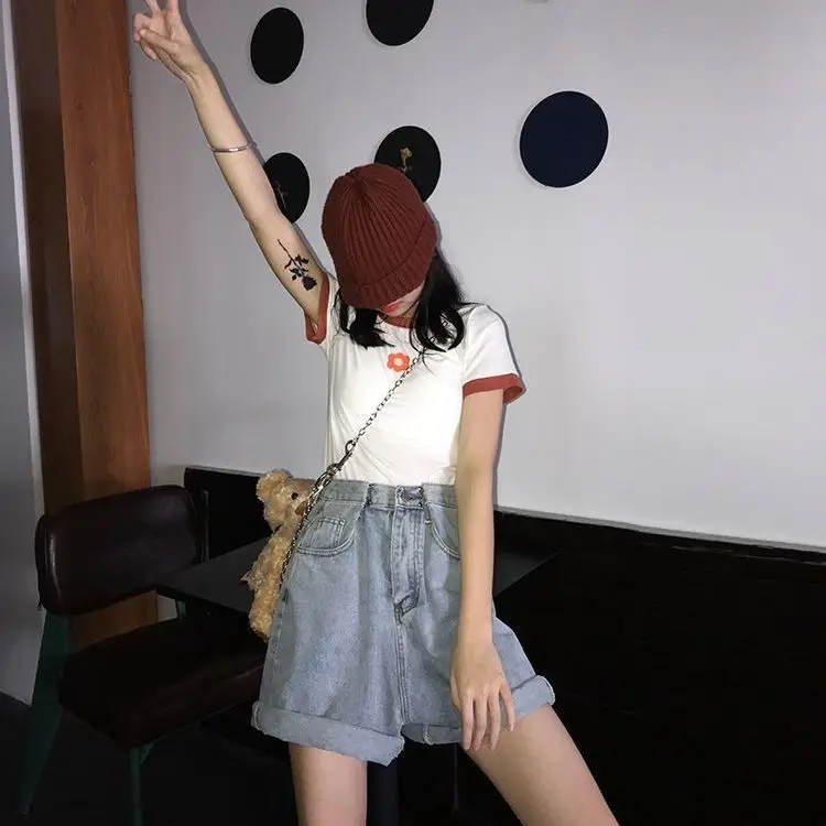 

Denim shorts women's high waist loose show thin Hong Kong Style 2021 summer new Korean student wide leg straight pants