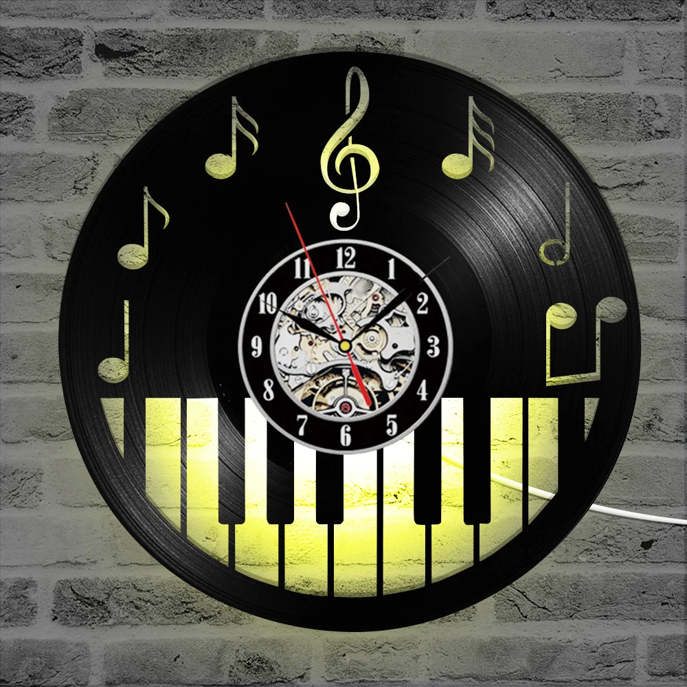 Piano Keybord Luminous Vinyl Record Clock Creative and Antique Style Black Round LED Wall Clocks Music Decor Art Watch | Дом и сад