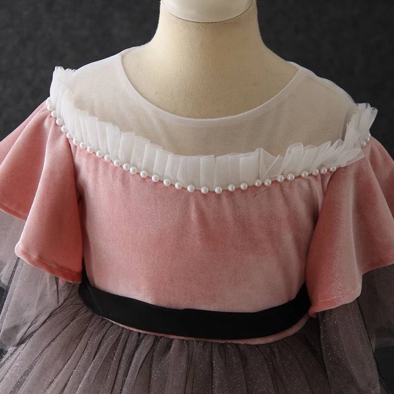 

Flower Girls Dresses Illusion Short O-Neck Tulle Lace Sequined Pearls Knee-Length Luxury Navy Blue Kids Party Princess Gown F383