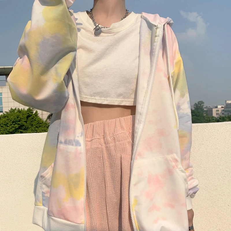 

Y2K Fashion Womens Tie Dye Zip Up Hoodies Long Sleeve High Street Style Thick Sweatshirts 90s Autumn Pullovers